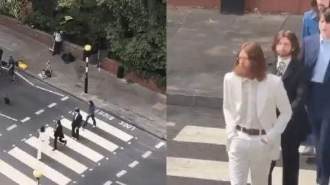 Elenco do filme dos Beatles recria a capa de Abbey Road na faixa mais famosa de Londres