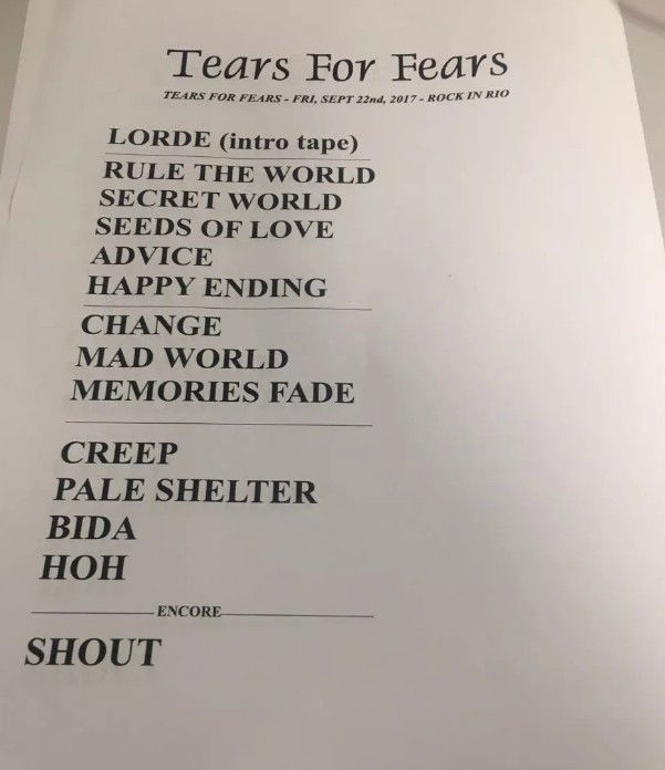 Confira o setlist completo do Tears For Fears no Rock in Rio! VAGALUME